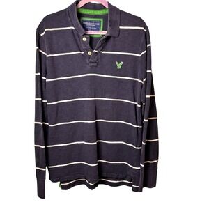 American Eagle Outfitters Men's L Long‎ Sleeve Navy & White Striped Polo Shirt